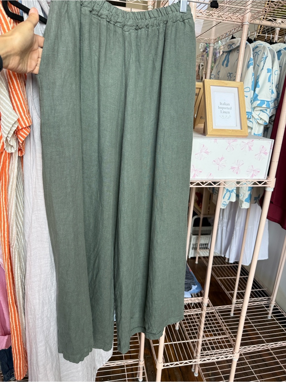 100% Italian Linen Wide-Leg Pants in Olive Green